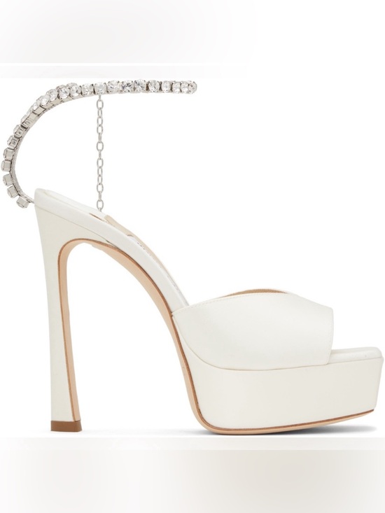 Jimmy Choo Shoes - Jimmy Choo White Platform High Heel Sandals with Rhinestone Ankle Chain